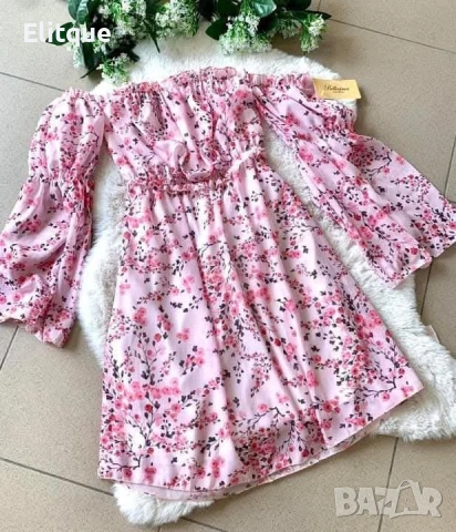 Ефирна флорална рокля с паднали ръкави, снимка 3 - Рокли - 53532622