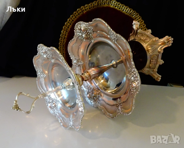 Посребрен поднос,плато на два етажа 47 см., 1.9 кг.,рози,барок. , снимка 5 - Антикварни и старинни предмети - 51826703