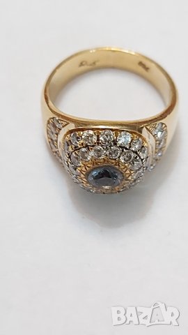 Златен пръстен с брилянти и аквамарин, снимка 4 - Пръстени - 44071430