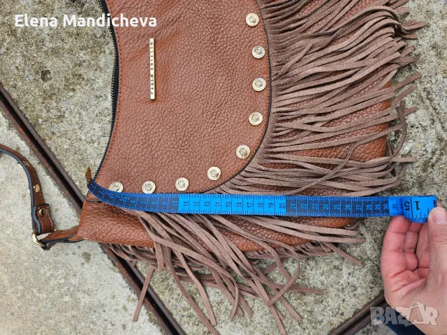 Кожена Чанта с ресни кафява голяма с цип и малък заден джоб бохо стил, снимка 2 - Чанти - 48674447