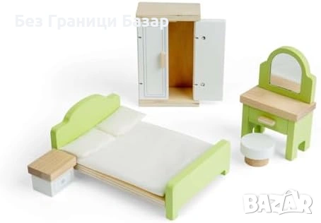 Нов Комплект спалня за кукли от дърво – мини легло, гардероб, тоалетка
