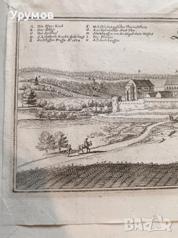 Немска гравюра от 17 в. – „Statt Aicha in Ober Bayern“ от M. Merian , снимка 3 - Антикварни и старинни предмети - 53052247
