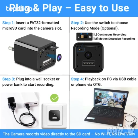 IFITech IFIADPTCAM шпионска камера в адаптер за зареждане – 1080P HD USB зарядно, без WiFi, 2025г..., снимка 4 - Други - 50694395