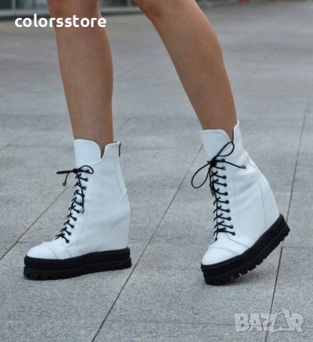 Боти на платформа - бяла кожа с черно ходило - BPL25

