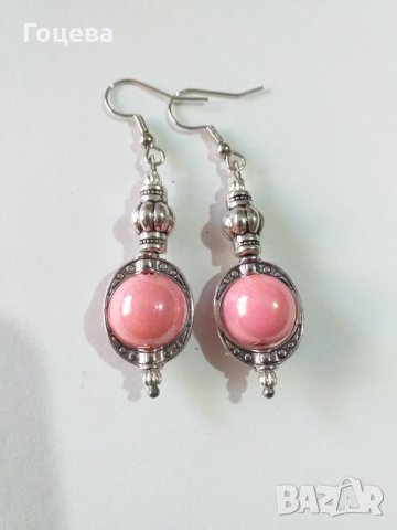 Красиви обици с розови перли и овална рамка цвят сребро , снимка 3 - Обеци - 33145593
