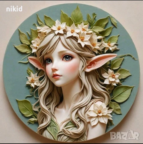 Момиче елф с цветя кръгъл силиконов молд форма фондан шоколад гипс декор , снимка 2 - Форми - 50568743