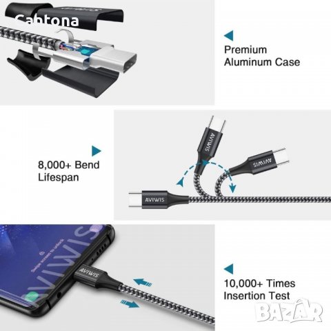 AVIWIS USB C кабел, найлоновa oплетка, кабел за бързо зареждане - 300 см, снимка 3 - USB кабели - 40198766