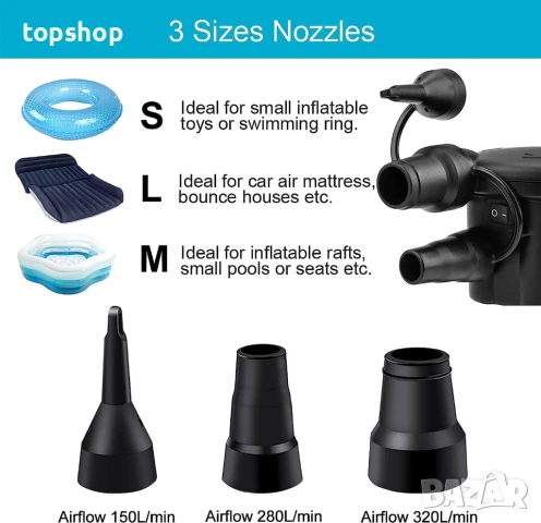 Електрическа въздушна помпа, USB помпа с 3 въздушни дюзи, 2 в 1 надуване и изпускане..., снимка 2 - Други машини и части - 50578598