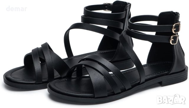 Halfword Дамски равни римски сандали, черно, размер 39, снимка 2 - Сандали - 43929805