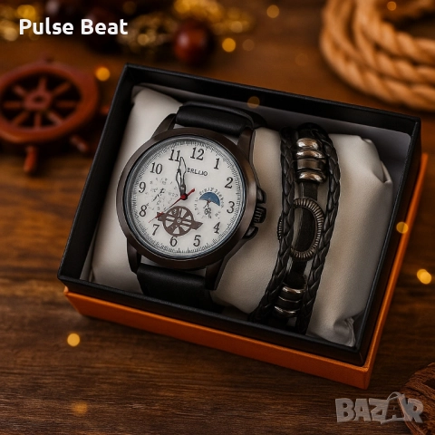 Мъжки часовник с големи цифри и подаръчна гривна – стил и практичност в готов комплект, снимка 5 - Мъжки - 52045247