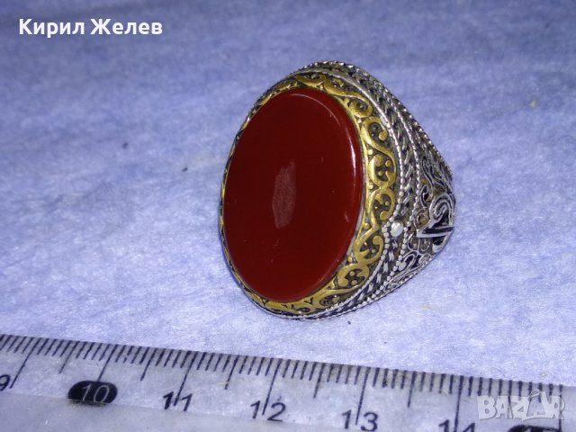 ОГРОМЕН СТАР ТУРСКИ СРЕБЪРЕН СКЪПОЦЕНЕН РЕТРО ПРЪСТЕН СРЕБРО 925 с ПОЛИРАН КАРНЕОЛ в ПОЗЛАТА 30747, снимка 7 - Антикварни и старинни предмети - 40575365
