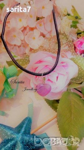 Нежно Дамско колие със сърце от естествен камък АМЕТИСТ и черна кожена верижка, снимка 6 - Колиета, медальони, синджири - 14067780