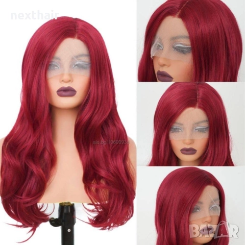 🌹 LACE FRONT лейс фронт 60 см червена чуплива перука с дантела 4*1, снимка 4 - Аксесоари за коса - 44777241