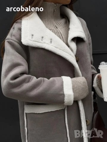 Дамско палто с джоб в сиво и бяло, едно цяло кожено палто с ревер - 024, снимка 4 - Палта, манта - 43528195