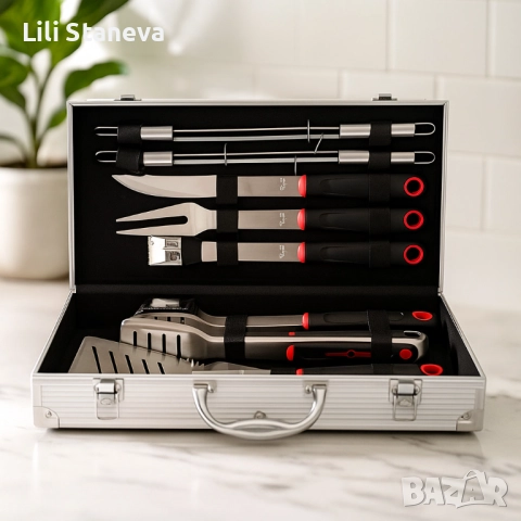 Луксозен комплект от 11 инструмента за барбекю в алуминиев куфар. , снимка 4 - Куфари с инструменти - 51772625
