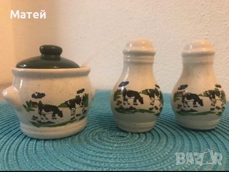 Порцеланов комплект от 3 части* Солница* Пиперница* Съд за горчица
