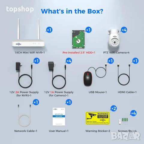 Hiseeu 5MP безжична PTZ система IP66 4 бр. WiFi камери,1TB твърд диск, 4K 10CH NVR, 2-посочно аудио, снимка 6 - Комплекти за видеонаблюдение - 50494941