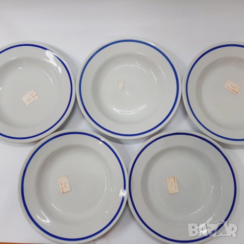 5 бр. Ретро порцеланови чинии за супа със синя ивица, неизползвани(5.2)