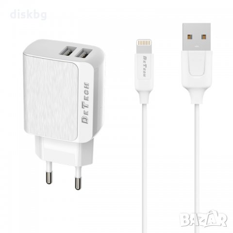 Ново зарядно DE-09i от 220V на 2USB 5V, 2.4A + Кабел iPhone 6/7/8...