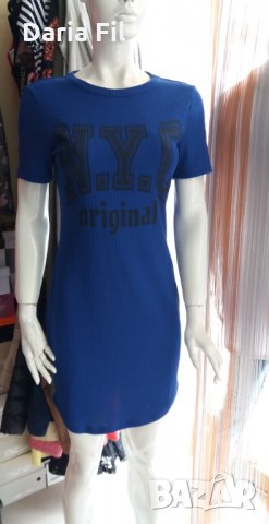 Рокля в тъмен кралскосин цвят без закопчаване, снимка 1