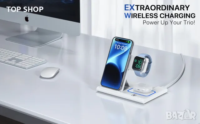 EXW 3в1 сгъваема безжична зарядна станция/стойка за iPhone 15-11,AirPods Pro 3/2,apple watch, снимка 2 - Безжични зарядни - 49308688