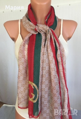 Нов Дамски Шал Gucci Прозрачен Лого Гучи Бежов Червен Зелен, снимка 5 - Шалове - 51826454