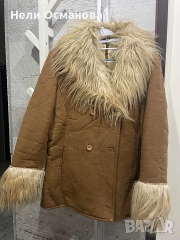 Зимно топло дамско късо палто с пухена яка