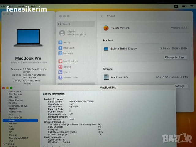 13.3' CTO Core i7 Apple MacBook Pro Mid 2017 TouchBar 16GB RAM/1TB SSD/Бат 120 цик, снимка 6 - Лаптопи за работа - 52706047