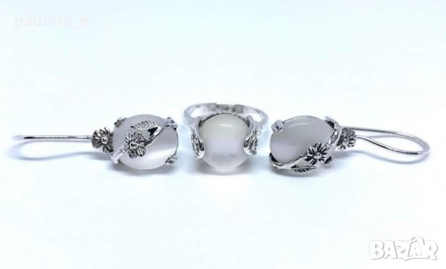 Сребърен комплект с бяло котешко око / проба 925 , снимка 2 - Бижутерийни комплекти - 36781984