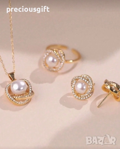 Комплект бижута от 3 части - колие, обеци и пръстен, снимка 6 - Бижутерийни комплекти - 52338688