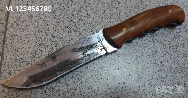 Ловен нож фултанг с гравиран Ловец(черно слънце), стомана 65х13, снимка 4 - Ножове - 28106449