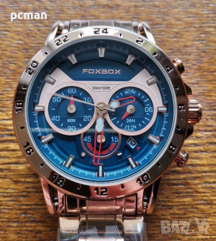 Foxbox Gold Blue 0017 Луксозен мъжки кварцов часовник с метална верижка, снимка 6 - Мъжки - 40433960