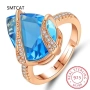 SMTCAT Сребърен Пръстен 925 Син Капковиден Циркон 18х15мм Преоразмеряем 5-7, снимка 1