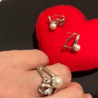 Нежен сребърен комплект обеци и пръстен с бели перли и цирконий, снимка 4 - Обеци - 42968361