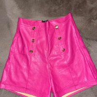 Нови кожени къси панталони бонбонено розови с висока талия , снимка 6 - Къси панталони и бермуди - 39840459