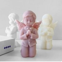 3D Голямо момче ангел на колене с венец силиконов молд форма гипс фондан смола шоколад декор, снимка 1 - Форми - 43888225