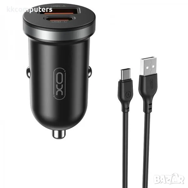 12V Зарядно за автомобил XO-CC56 30W/ PD, USB QC 3.0 / Type-C USB кабел / Черен / Баркод : 456450, снимка 1