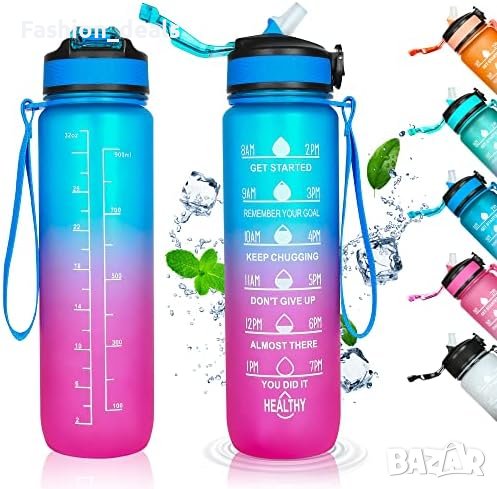 Нова Спортна Бутилка за вода с маркер за време и сламка 1 литър, снимка 1