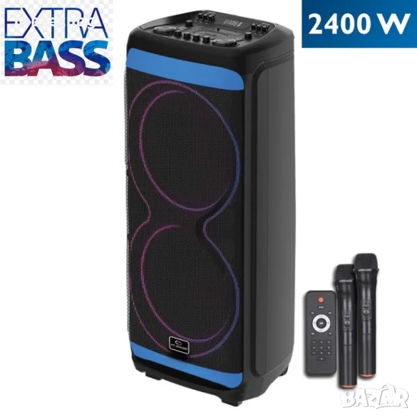 Караоке тонколона EK-1299XB 2×15″ с два безжични микрофона, 2400W, EXTRA BASS, снимка 1