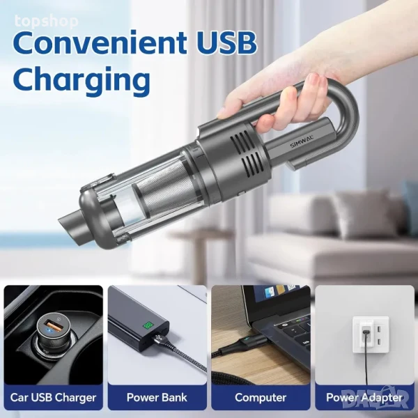 Безжична прахосмукачка за кола или дома с вградена LED лампа, 2200 mAh, USB type C, снимка 1