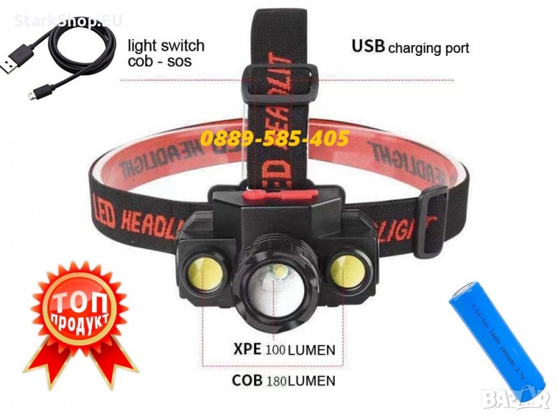 Мощен ТРОЕН акумулаторен челник за глава с led диоди светлина фенер, снимка 1