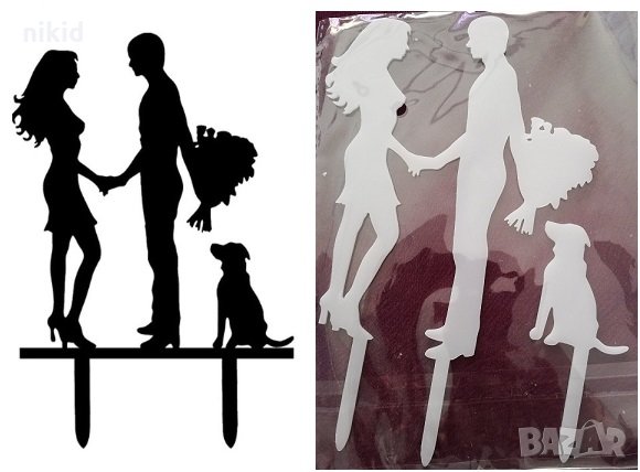 младоженци с букет и куче черен бял пластмасов топер украса табела за сватбена сватба торта, снимка 1