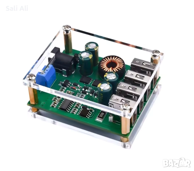 DC 7V-60V към 5V 5A модул с 4 USB изхода и акрилен корпус, снимка 1