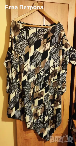 Асиметрична интересна туника/рокля на фигури в бежово, черно и кафяво, снимка 1