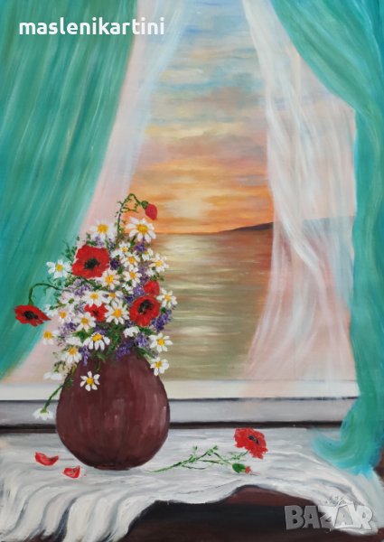 Ваза с полски цветя на перваза на фона на морския залез маслена картина, снимка 1