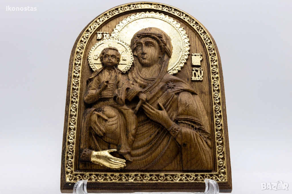 Позлатена релефна икона на Дева Мария Троеручица с варак, снимка 1