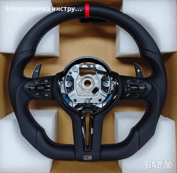 M10 BMW M Sport кожен волан с M емблема – перфориран, червена маркировка, мултифункция и пера – F-се, снимка 1