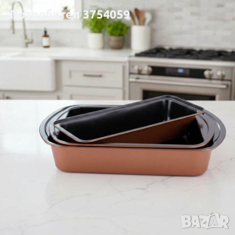 Комплект от 3 тави за печене Cheffinger с незалепващо покритие – различни размери, меден цвят, снимка 4 - Съдове за готвене - 53174487