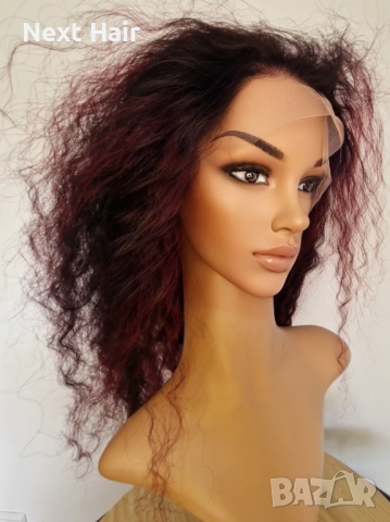 Естествена афро перука къдрава черна с тъмно червени бородо кичури с дантела 13х4