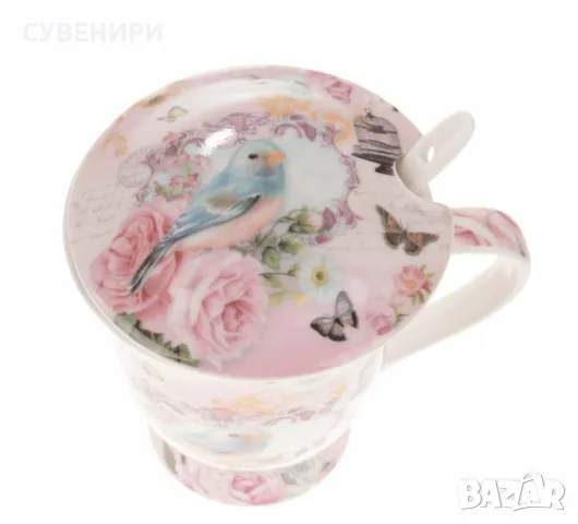 Красива керамична чаша за топли напитки с цедка иизвита дръжка и декор във винтидж стил., снимка 5 - Чаши - 48305529